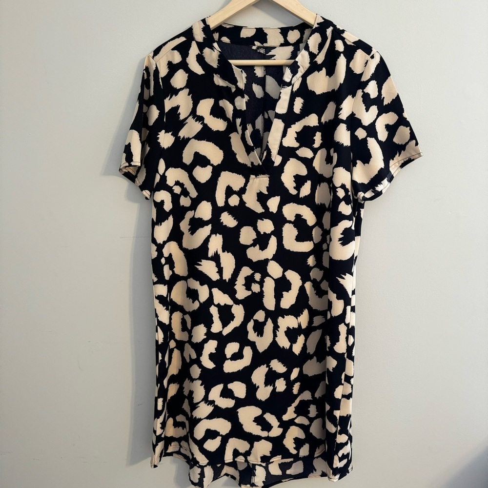 Leopard Print Flowy Summer Casual Short Sleeve Black Tan Tunic Dress Women’s L